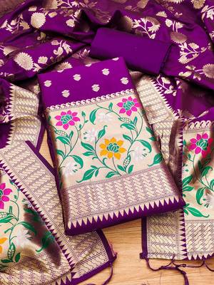 purple zari woven banarasi dress materials 1