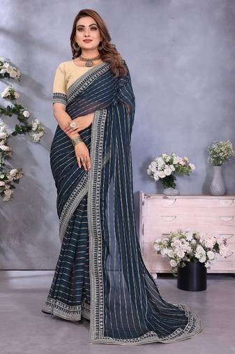 georgette embroidered & sequin work bollywood fancy saree (shreeja-navy)