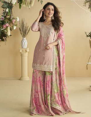 Pink Chinon embroidered sequins Sharara suit - Full stitched free size 1