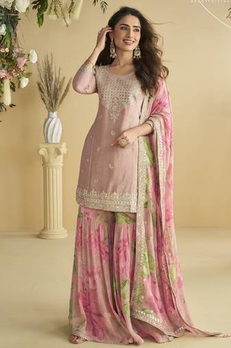 Pink Chinon embroidered sequins Sharara suit - Full stitched free size