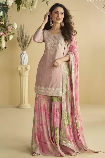 Pink Chinon embroidered sequins Sharara suit - Full stitched free size