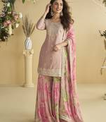 Pink Chinon embroidered sequins Sharara suit - Full stitched free size
