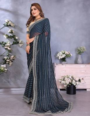 georgette embroidered & sequin work bollywood fancy saree (shreeja-navy) 2