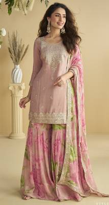 Pink Chinon embroidered sequins Sharara suit - Full stitched free size 2