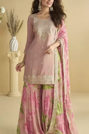 Pink Chinon embroidered sequins Sharara suit - Full stitched free size