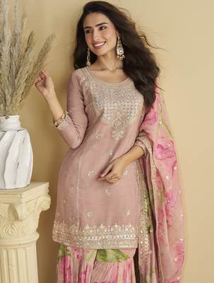Pink Chinon embroidered sequins Sharara suit - Full stitched free size 3
