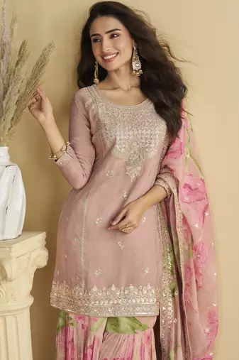 Pink Chinon embroidered sequins Sharara suit - Full stitched free size