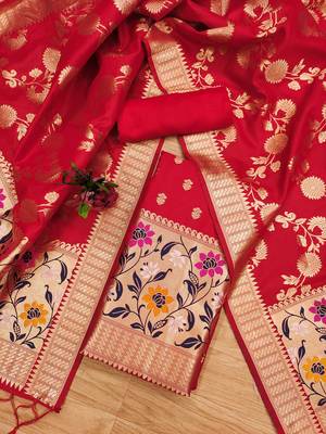 red zari woven banarasi dress materials 2