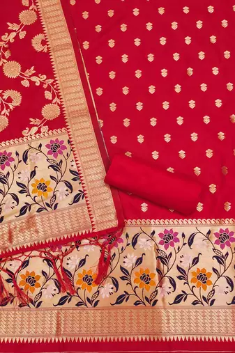 red zari woven banarasi dress materials