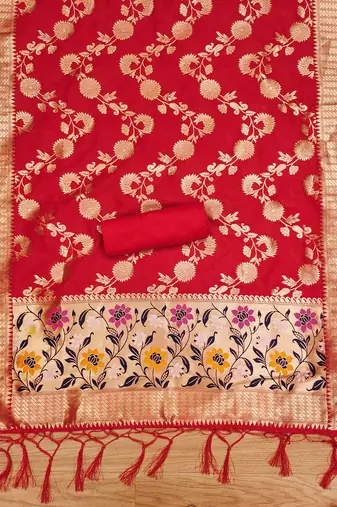 red zari woven banarasi dress materials