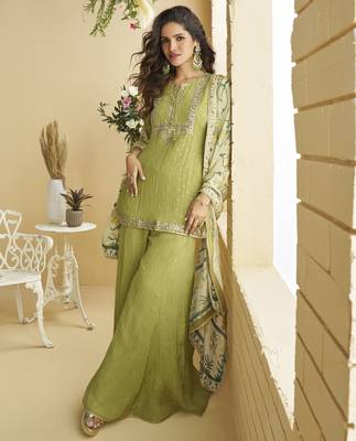 Green chinon embroidered sequins palazzo suit - full stitched free size 1