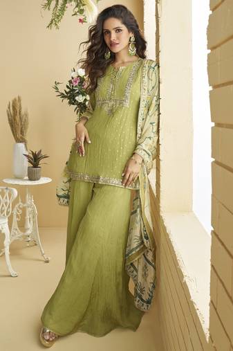 Green chinon embroidered sequins palazzo suit - full stitched free size