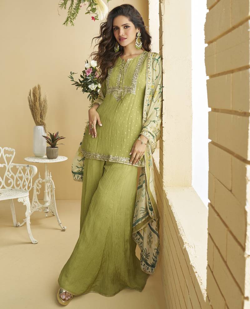 Green chinon embroidered sequins palazzo suit - full stitched free size