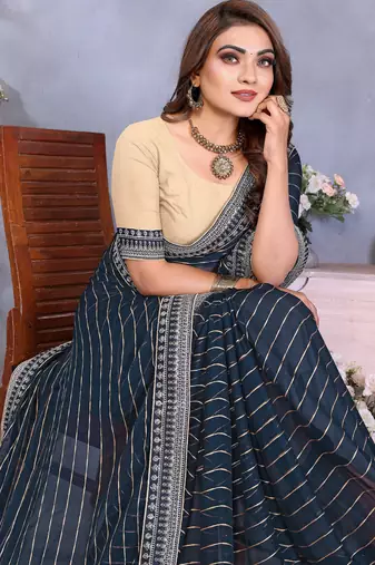 georgette embroidered & sequin work bollywood fancy saree (shreeja-navy)