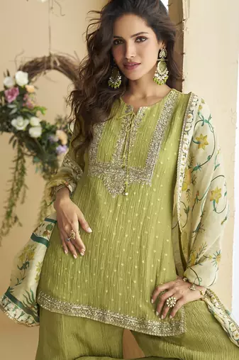 Green chinon embroidered sequins palazzo suit - full stitched free size