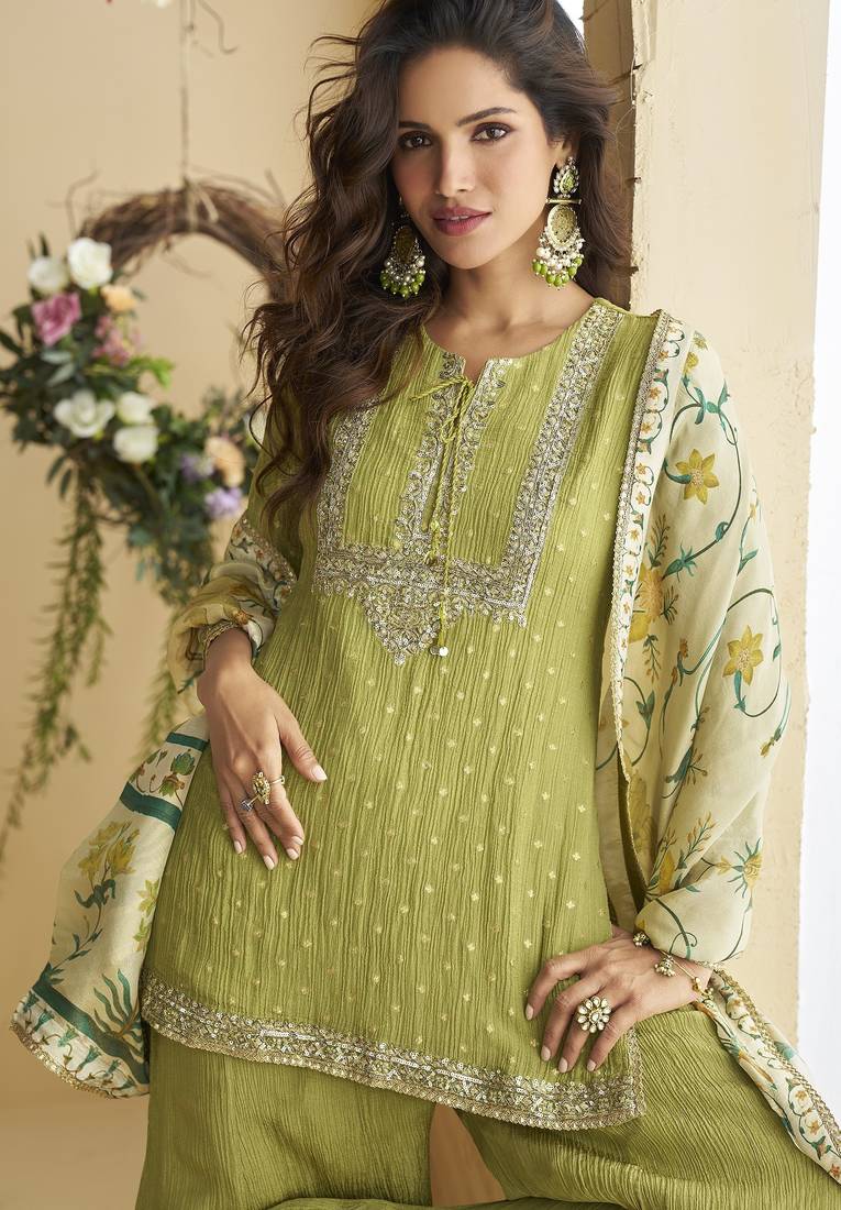 Green chinon embroidered sequins palazzo suit - full stitched free size