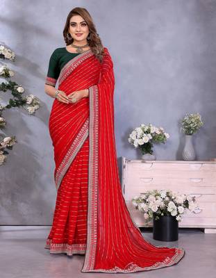 georgette embroidered & sequin work bollywood fancy saree (shreeja-red) 1