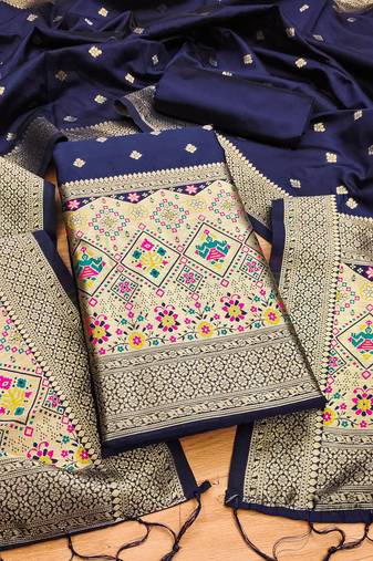 navy blue zari woven banarasi dress materials