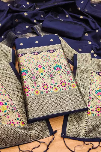 navy blue zari woven banarasi dress materials