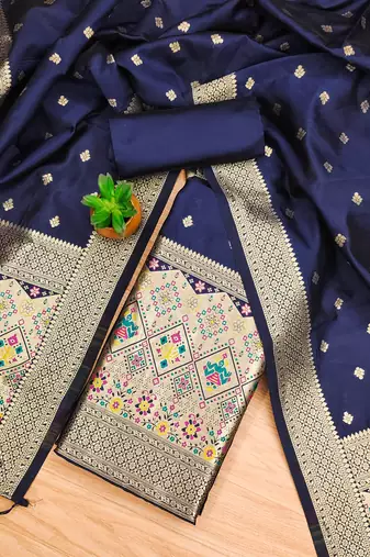 navy blue zari woven banarasi dress materials