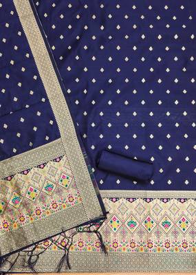 navy blue zari woven banarasi dress materials 3