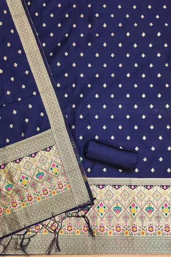 navy blue zari woven banarasi dress materials