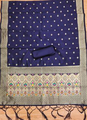 navy blue zari woven banarasi dress materials 4