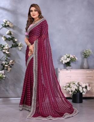 georgette embroidered & sequin work bollywood fancy saree (shreeja-wine) 1