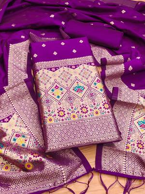 purple zari woven banarasi dress materials 1