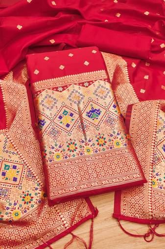 red zari woven banarasi dress materials