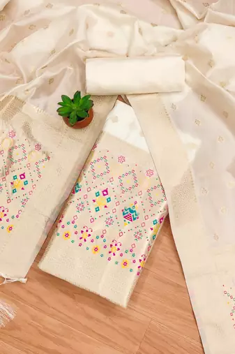 white zari woven banarasi dress materials