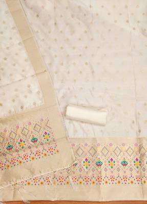 white zari woven banarasi dress materials 3