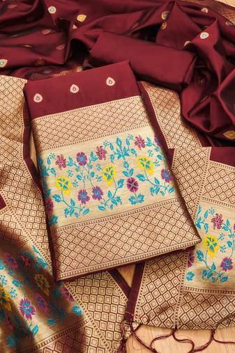 maroon zari woven banarasi dress materials