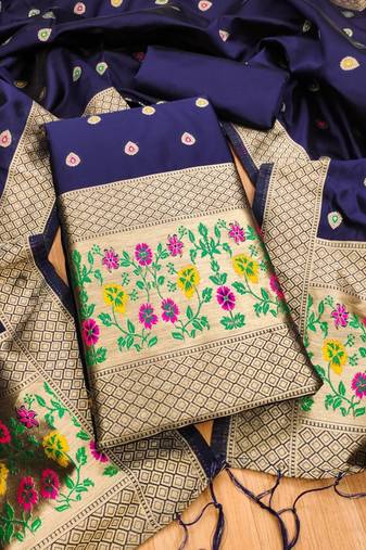 navy blue zari woven banarasi dress materials