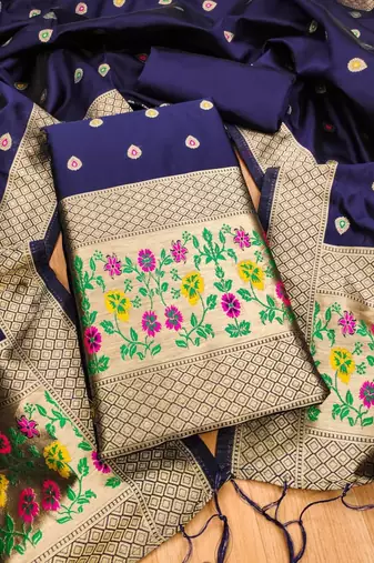 navy blue zari woven banarasi dress materials