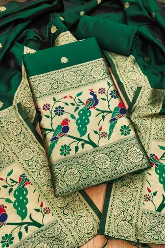 green zari woven banarasi dress materials