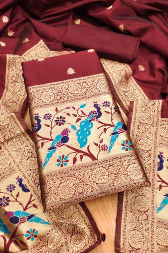 maroon zari woven banarasi dress materials