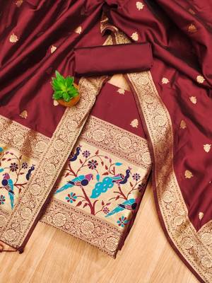 maroon zari woven banarasi dress materials 2