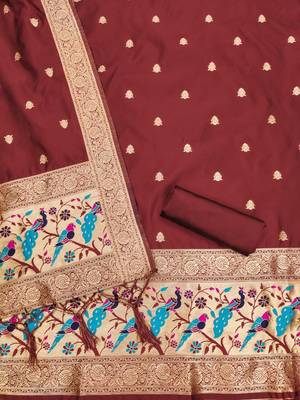 maroon zari woven banarasi dress materials 3