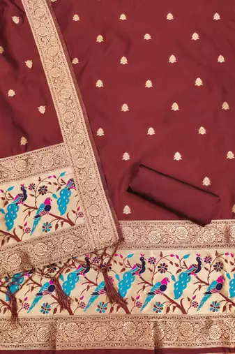 maroon zari woven banarasi dress materials