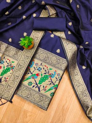 navy blue zari woven banarasi dress materials 2