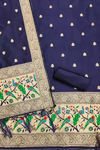 navy blue zari woven banarasi dress materials