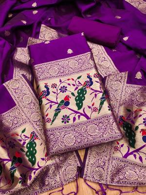 purple zari woven banarasi dress materials 1