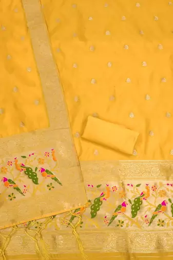 yellow zari woven banarasi dress materials
