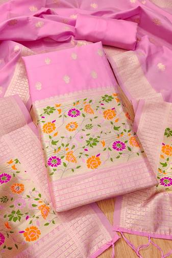 light baby pink zari woven banarasi dress materials