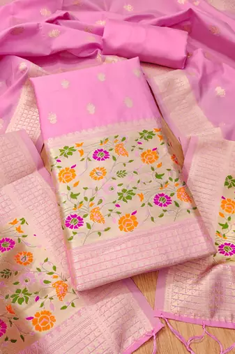light baby pink zari woven banarasi dress materials
