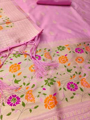light baby pink zari woven banarasi dress materials 4