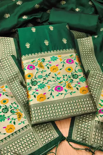 green zari woven banarasi dress materials