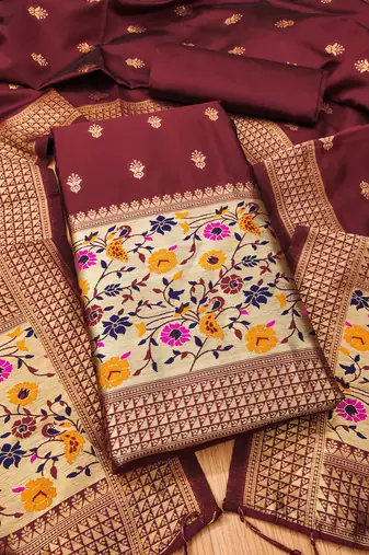 maroon zari woven banarasi dress materials