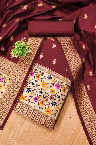 maroon zari woven banarasi dress materials